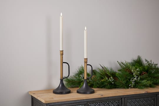 Black & Gold Metal Trumpet Taper Candle Holder Set